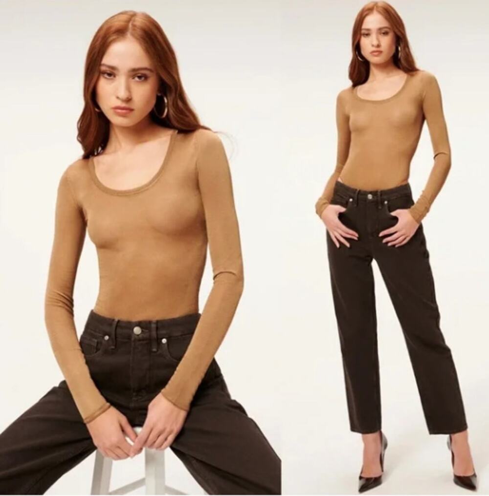 Good American Gold Tan Sheer Knit Bodysuit (Size 3/L)